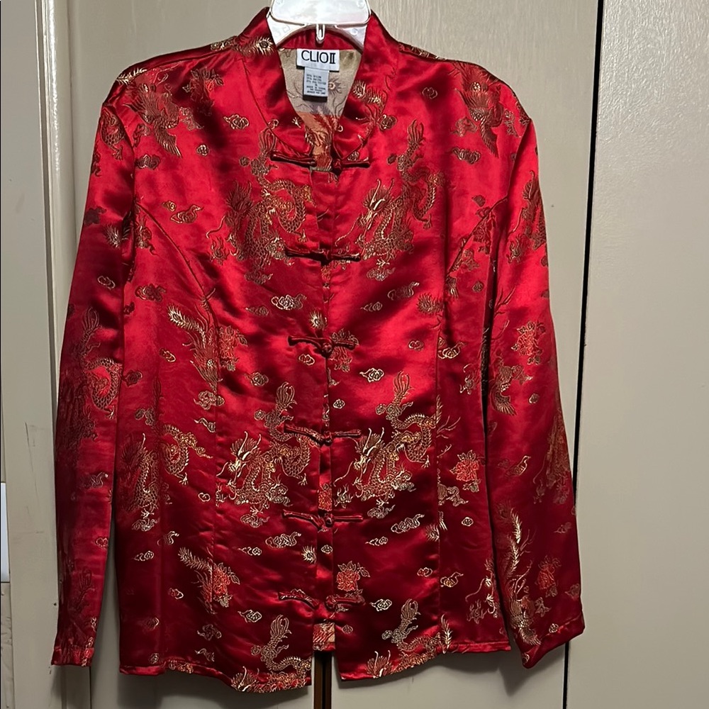 Clio ll Red and Gold Blazer with Mandarin Collar outfit